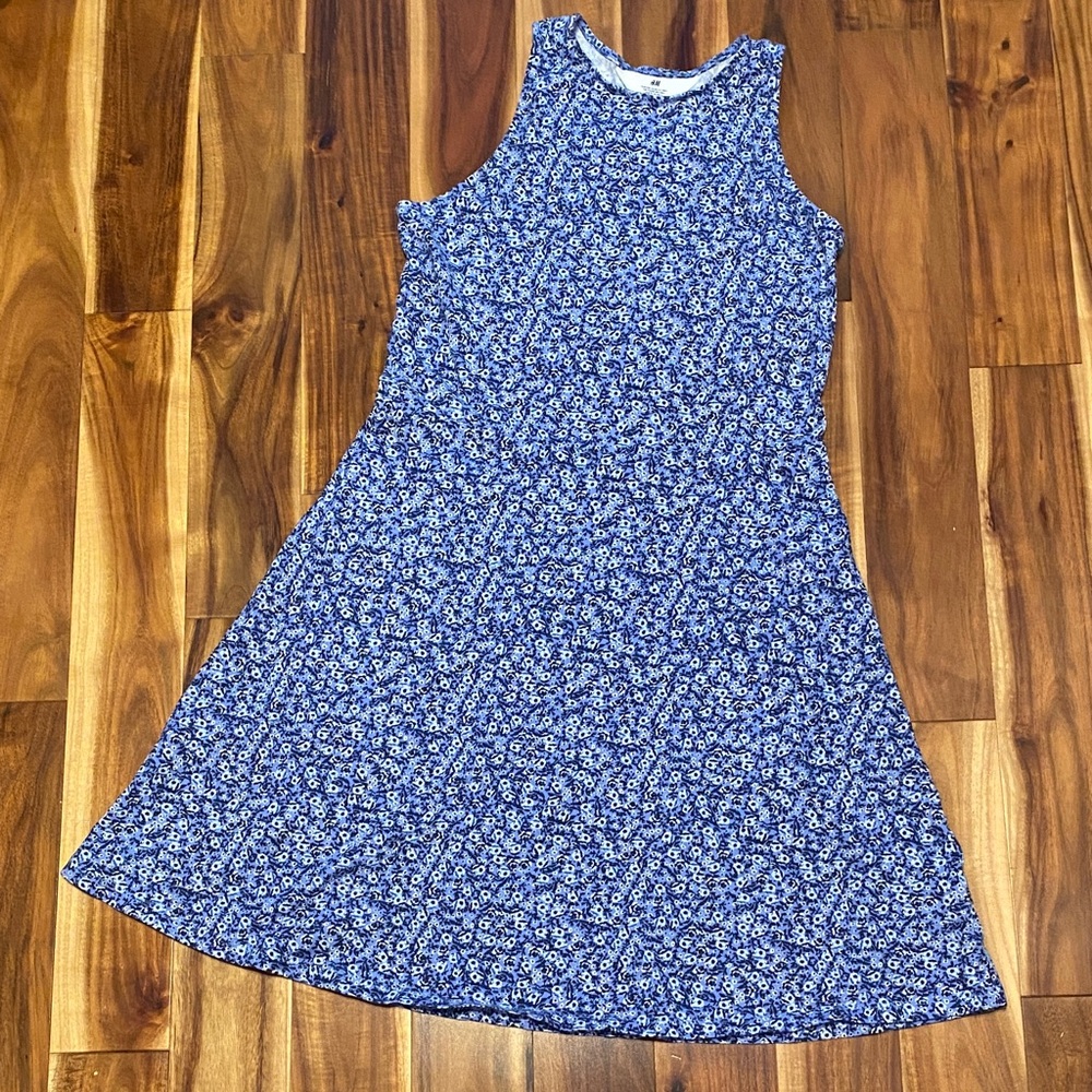 H&M Girls Size 14 Blue Floral Patterned Sleeveless Cotton Dress